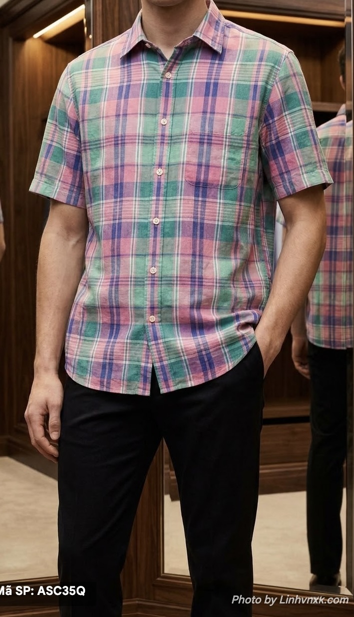 Sơ mi linen caro hồng xanh
