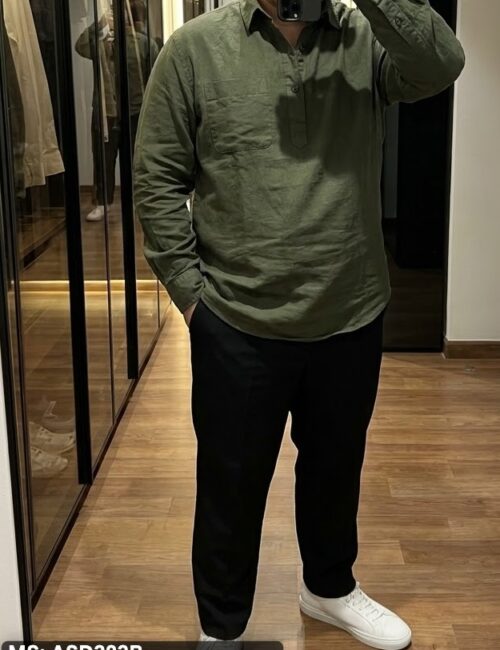 Sơ mi Uni flanel nửa khuy màu rêu XL