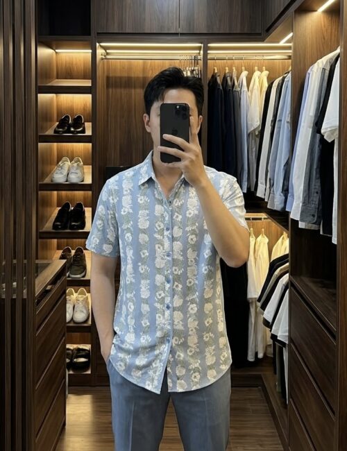 Sơ mi thun siêu mềm mát xanh hoa ASC184D