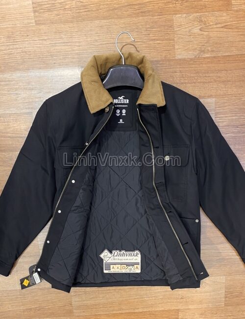 Áo khoác trần bông cổ bẻ màu đen hollister