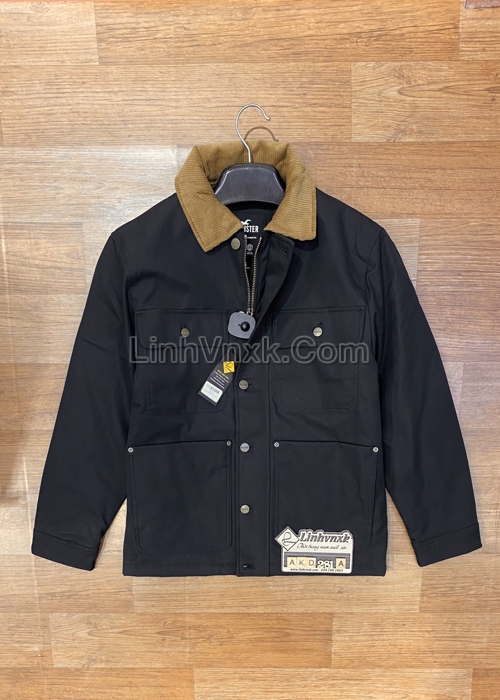 Áo khoác trần bông cổ bẻ màu đen hollister
