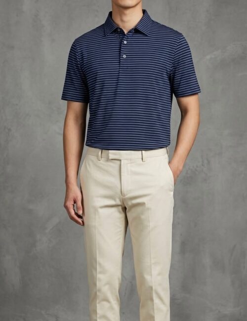 Áo golf FJ kẻ ngang xuất Hàn xanh navy