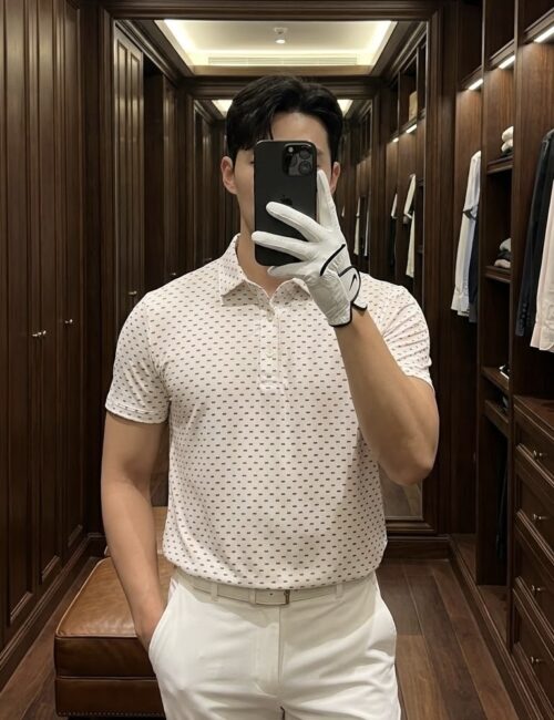 Áo polo golf trắng hoạ tiết hàn quốc