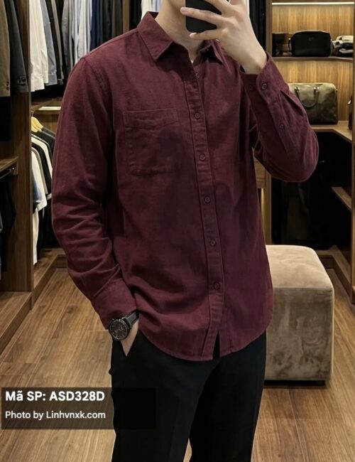 Sơ mi Uni flanel regular đỏ mận XL